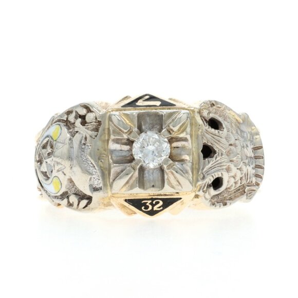 Yellow Gold Shriners Scottish Rite Masonic Ring 10k Diamond Round .20ct - Picture 1 of 7